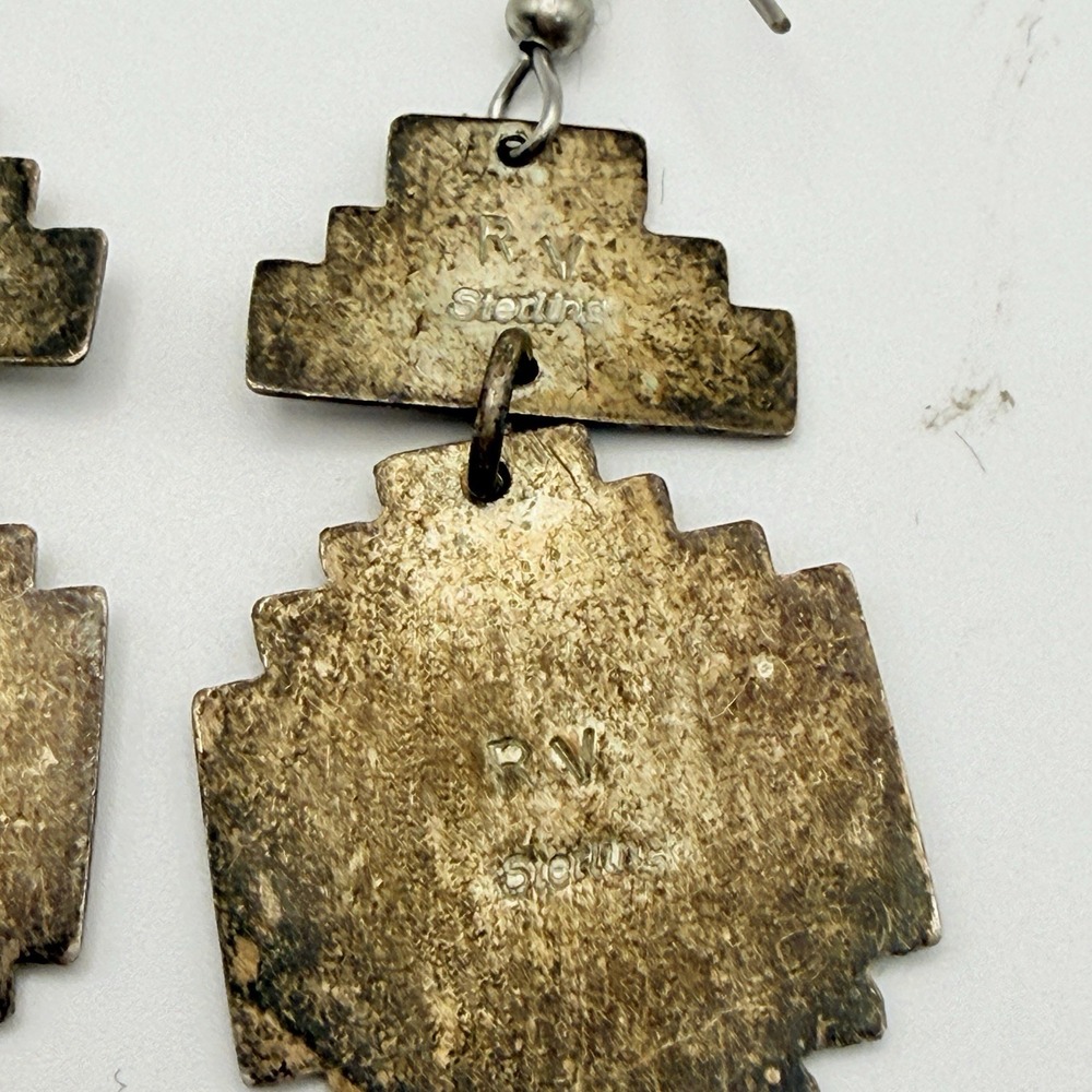 Vintage Sterling Silver RV Southwest Geometric Dangle Earrings 7g - Picture 6 of 15